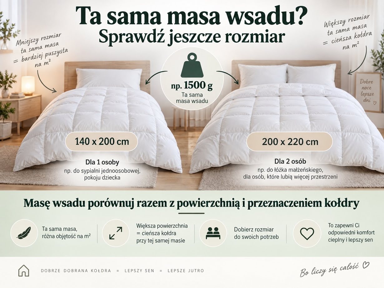 Porównanie tej samej masy wsadu w kołdrze 140x200 cm i 200x220 cm