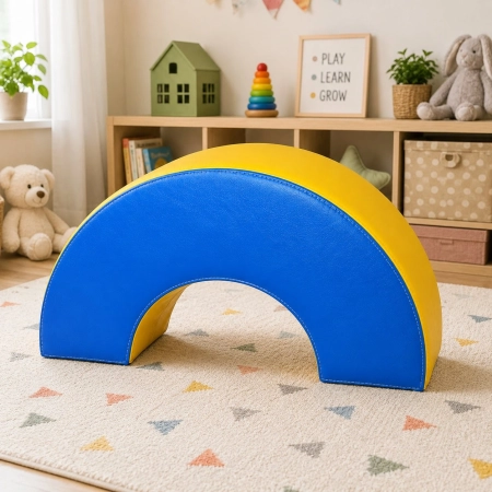 Żółto-niebieskie Półkoło Romulus 120x60x30 cm ze skaju na białym tle