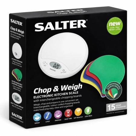 Opakowanie zestawu Salter 1092 Chop & Weigh z wagą i kolorowymi deskami do krojenia