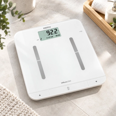 HoMedics MiBody 360 powystawowa waga z analizą tłuszczu, wody, mięśni, BMI i BMR w łazience