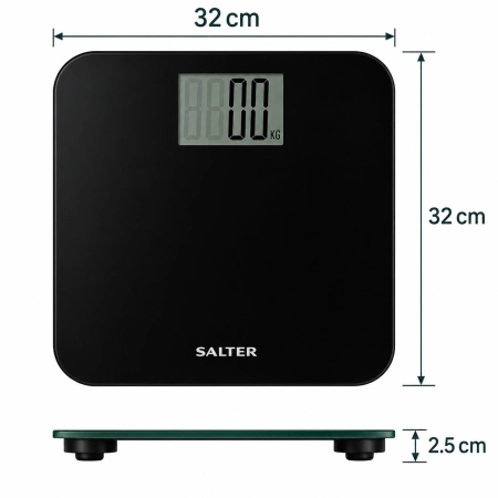 Wymiary wagi łazienkowej Salter 9049 BK3R – 32x32x2,5 cm