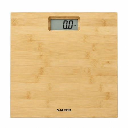 Bambusowa waga łazienkowa Salter 9086 WD3R 150 kg widok z góry z wyświetlaczem LCD