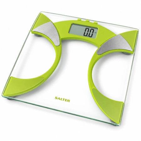 Zielona waga Salter 9141 Ultra Slim z analizatorem BIA – powystawowa, ujęcie pod kątem